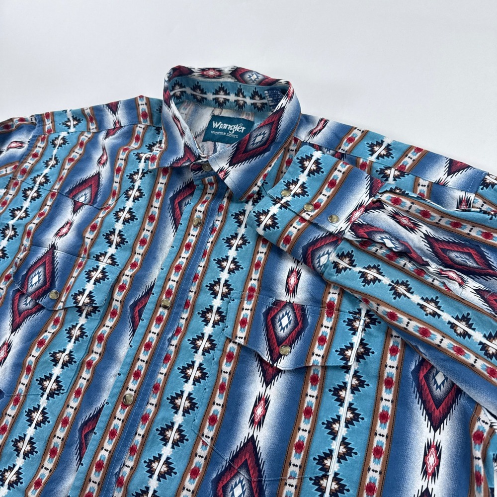 Wrangler Mens Shirt XL Blue Red Southwestern Geometric Pearl Snap Western Top